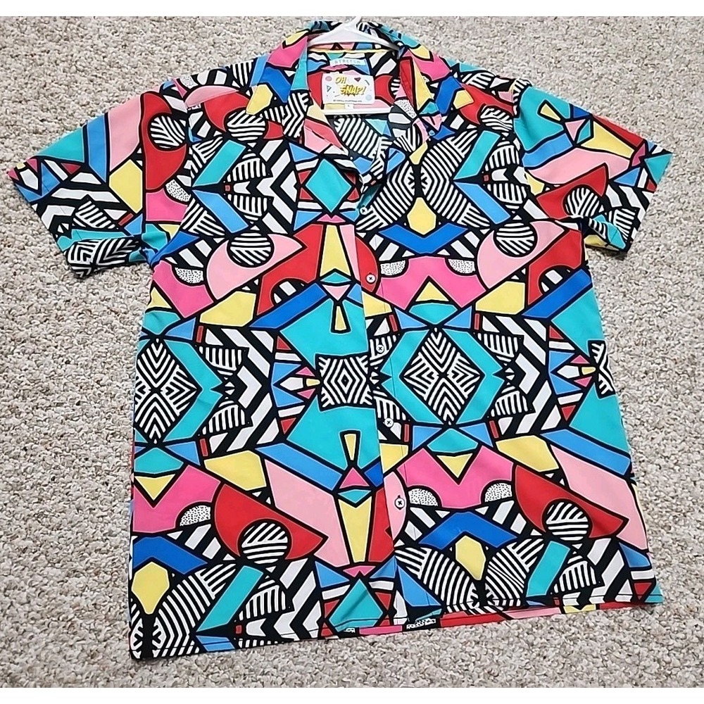 Drill Clothing Co Oh Snap Mens Large Geometric Button Up Shirt Stretch Colorful